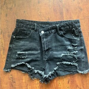 Distressed Black Denim Shorts